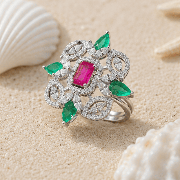 Close-up angled view of the Coral Bloom adjustable silver ring highlighting intricate stone detailing and premium craftsmanship.