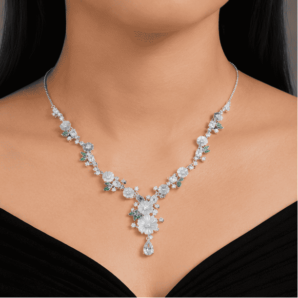 Model wearing a 925 sterling silver floral blossom necklace with white flowers, green enamel leaves, and brilliant cubic zirconia for an elegant look.