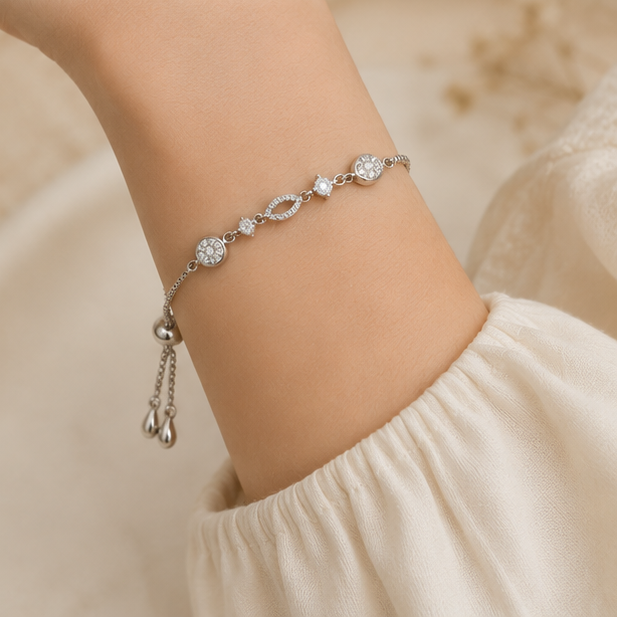 925 Sterling Silver Adjustable CZ Bracelet Worn on Wrist – Minimalist Women's Silver Jewellery