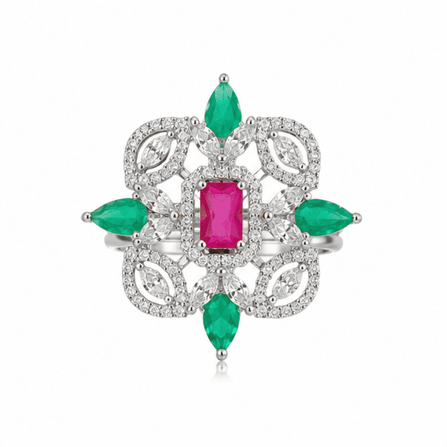Coral Bloom adjustable 925 sterling silver ring with green marquise stones, ruby-pink center stone, and sparkling cubic zirconia 