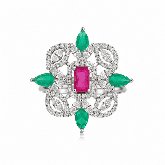 Coral Bloom adjustable 925 sterling silver ring with green marquise stones, ruby-pink center stone, and sparkling cubic zirconia 