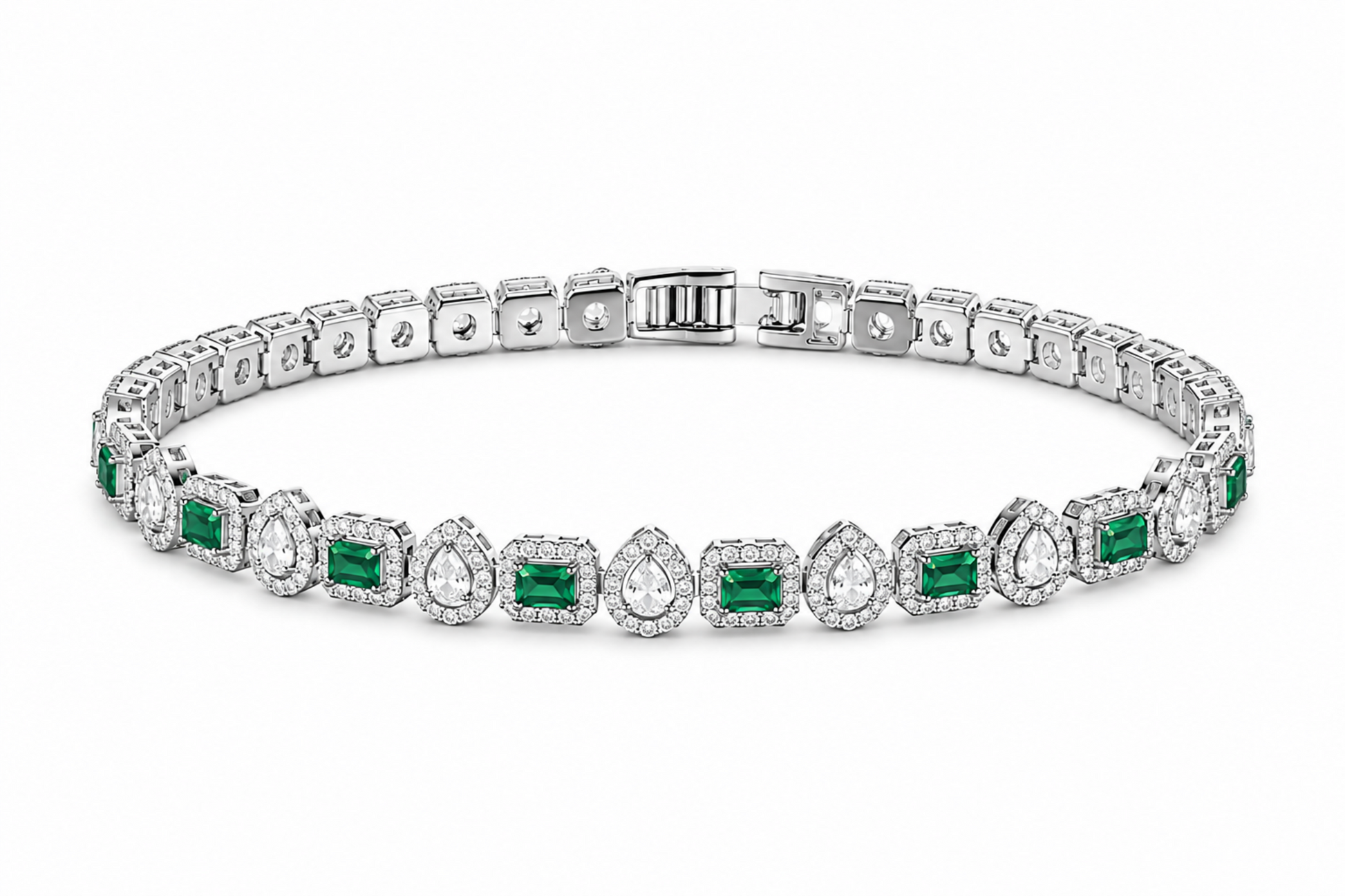 Diamond bracelet with emerald stones on a white background