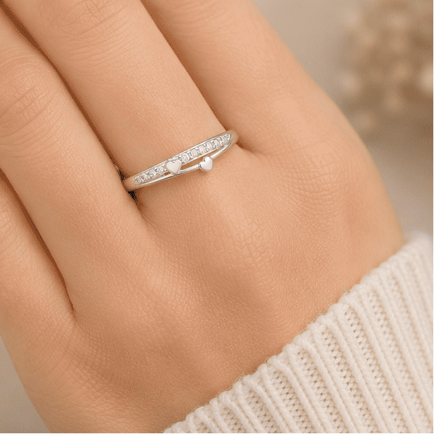 Elegant 925 Sterling Silver Double Heart Ring Worn on Finger | Women’s Silver Jewellery