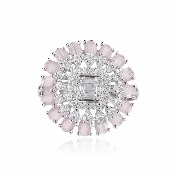 Elegant 925 sterling silver adjustable pink gemstone statement ring styled in a luxury grey and silver setting.
