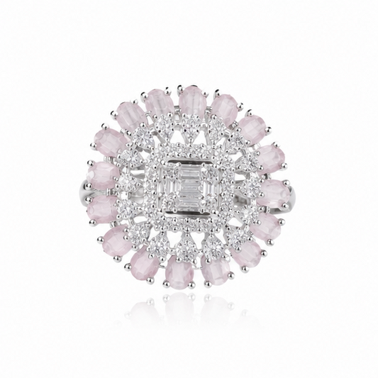 Elegant 925 sterling silver adjustable pink gemstone statement ring styled in a luxury grey and silver setting.