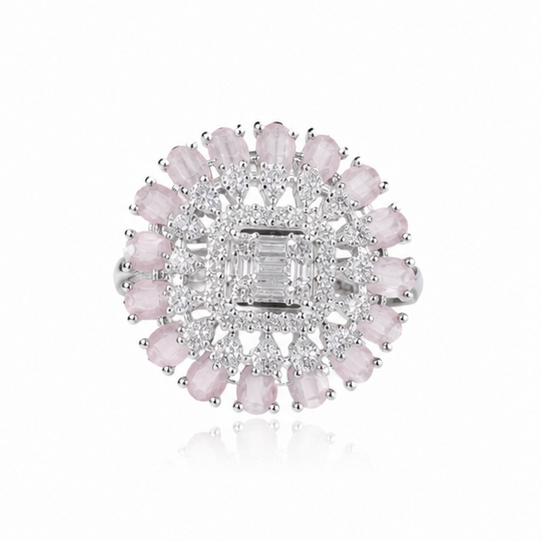 Elegant 925 sterling silver adjustable pink gemstone statement ring styled in a luxury grey and silver setting.