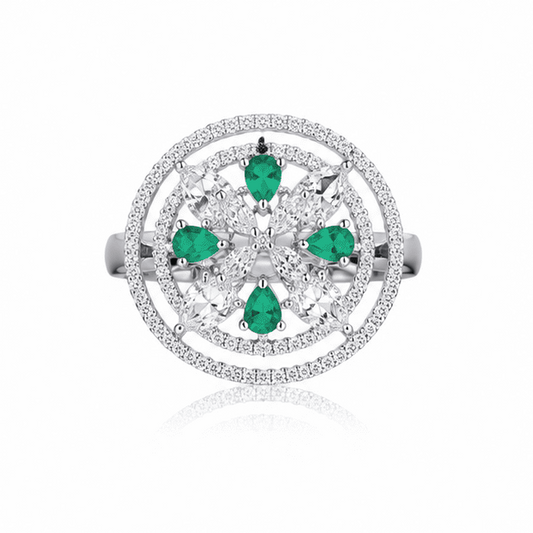 Emerald Halo Bloom adjustable 925 sterling silver floral ring with emerald-green pear-cut stones and sparkling cubic zirconia 