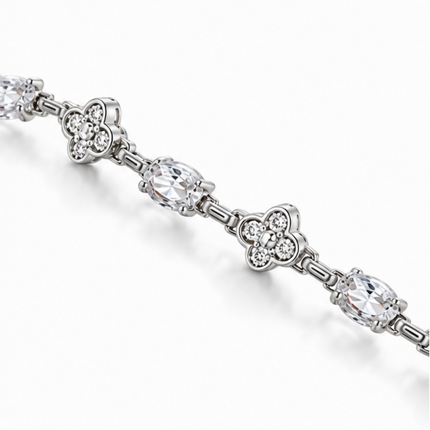 Close-up detail of Floral 925 Sterling Silver Tennis Bracelet with sparkling cubic zirconia stones