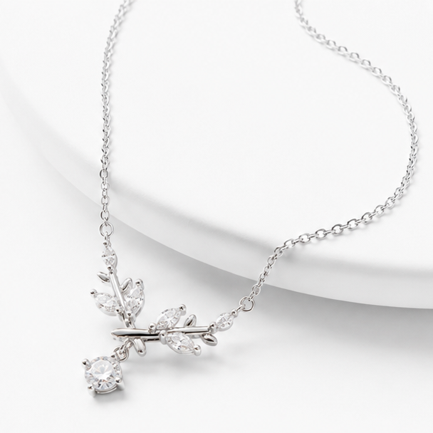 Elegant Silver Leaf Pendant Necklace with Crystal Drop – Minimal Luxury Jewelry