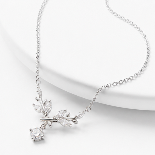 Elegant Silver Leaf Pendant Necklace with Crystal Drop – Minimal Luxury Jewelry