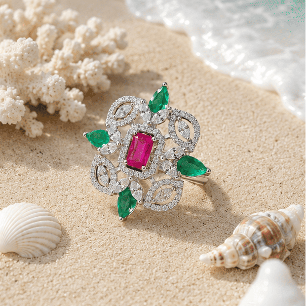 Luxury Coral Bloom sterling silver adjustable ring displayed on soft beach sand with seashells, showcasing vibrant green and ruby-pink gemstones.