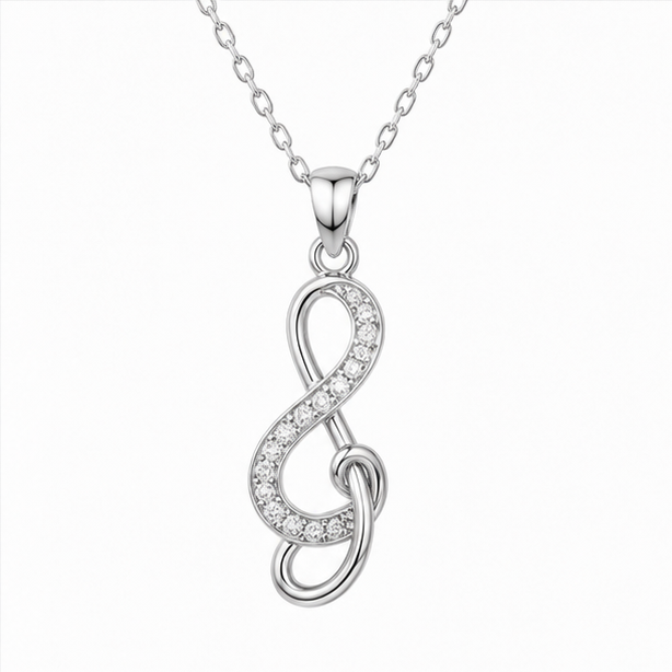 Silver necklace with a unique pendant displayed in various settings.