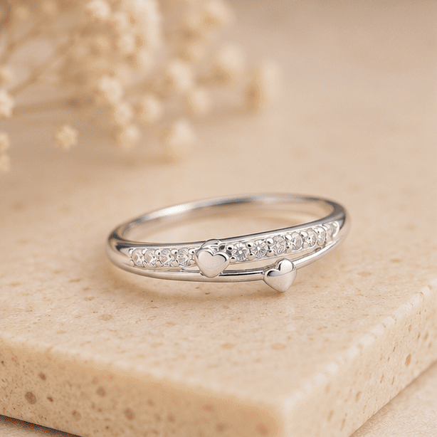 Vrindae Argente 925 Sterling Silver Double Heart CZ Ring