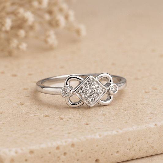 Vrindae Argente 925 Sterling Silver Geometric Infinity CZ Ring on White Background