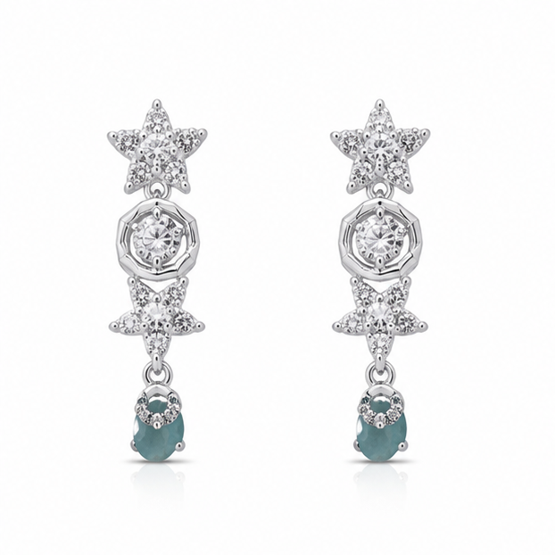 Celestial Aqua Drop 925 sterling silver dangle earrings with star motifs, cubic zirconia detailing, and aqua blue teardrop stones on a white background.
