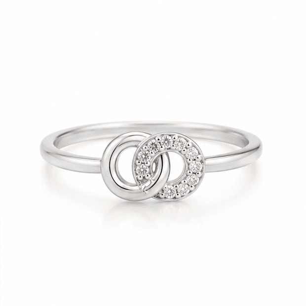 Vrindae Argente 925 Sterling Silver Interlocking Circle CZ Ring on White Background