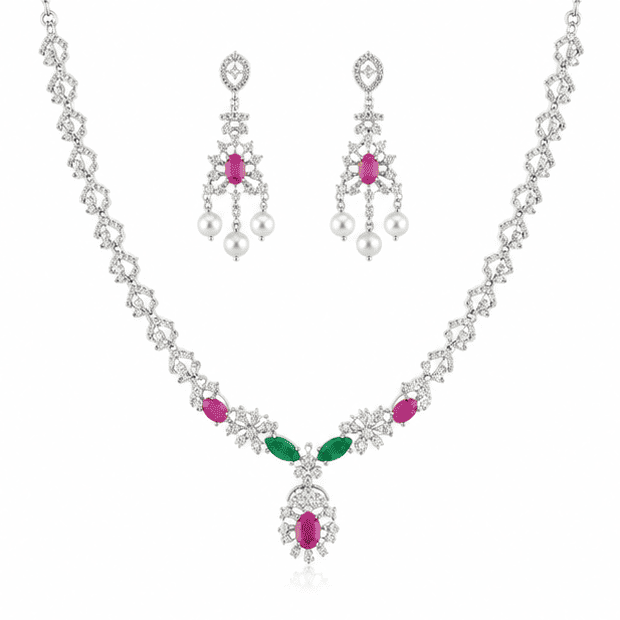 Vrindae Argente 925 sterling silver necklace set featuring CZ stones, ruby and emerald accents with matching pearl drop earrings