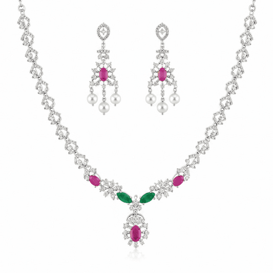 Vrindae Argente 925 sterling silver necklace set featuring CZ stones, ruby and emerald accents with matching pearl drop earrings
