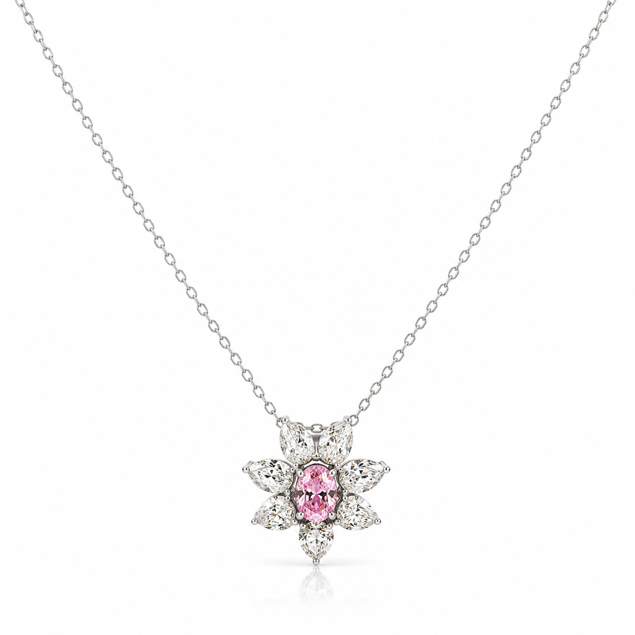 Necklace with a flower-shaped pendant featuring a pink gemstone on a white background