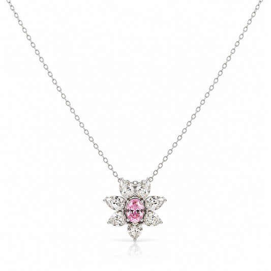 Necklace with a flower-shaped pendant featuring a pink gemstone on a white background