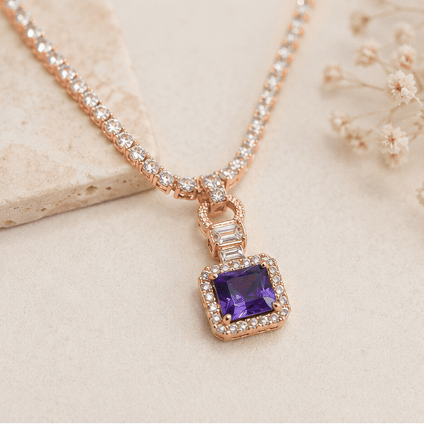 rose gold necklace set with purple crystal pendant