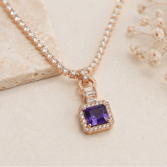 rose gold necklace set with purple crystal pendant