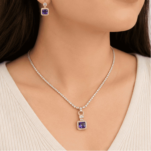 rose gold necklace set with purple crystal pendant and matching earrings