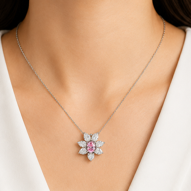 Collage of a silver necklace with a pink flower pendant 