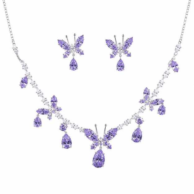 Front view of Vrindae Argente 925 sterling silver butterfly necklace set with lavender cubic zirconia stones and matching earrings