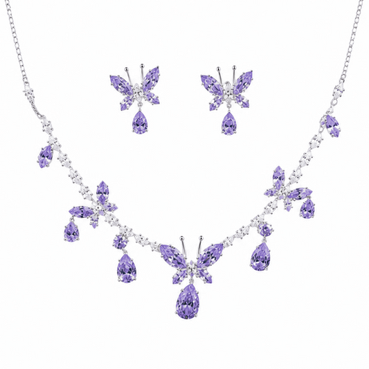 Front view of Vrindae Argente 925 sterling silver butterfly necklace set with lavender cubic zirconia stones and matching earrings